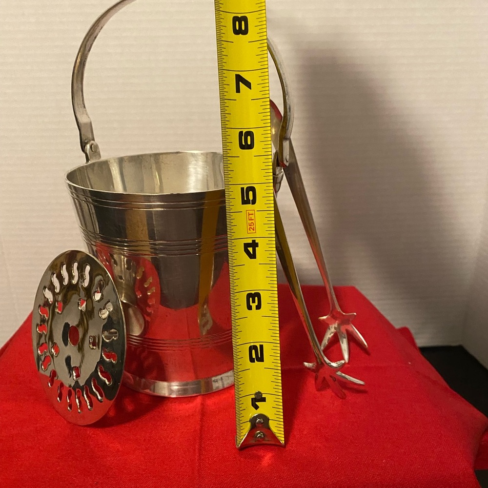 Vintage MCM Silver Plated Ice Bucket, Drainer and Claw Style Ice Tongs - Picture 11 of 12
